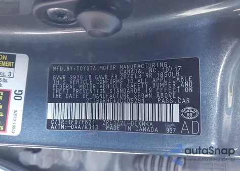 2018 Toyota Corolla Le z USA, uszkodzony, nr VIN 2T1BURHE4JC005291